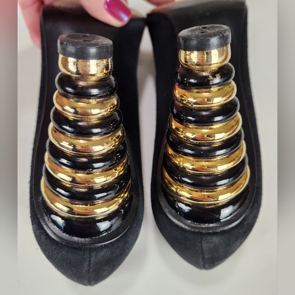 Vtg 80s Stuart Weitzman Black Suede Bubble Stacked Heels size 8AA (narrow) - Picture 6 of 11